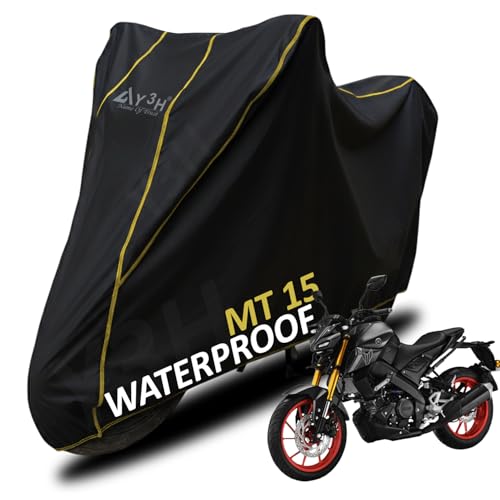 Image of Bike Body Cover for MT 15 Full Body Cover with Waterproof, Dust Proof, UV Rays Protective, Tripple Stitching & Lightweight Two Wheeler Covers - Black with Waterproof Yellow Piping