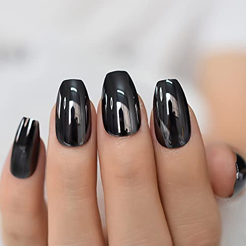 Coolnail Metallic Mirror Effect Gray Black Metal Plating Square Press On False Acrylic Punk Nail Tips Ballerina Coffin Fake Finger Nails cover