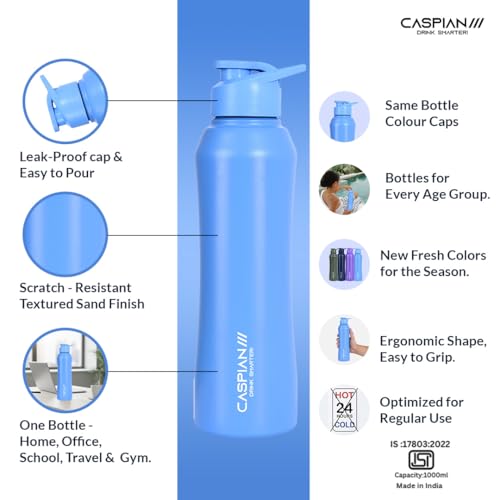 Image of Caspian Trek Customised Stainless Steel Water Bottle 1L, C Blue with Logo Print - Personalised Water Bottle with Your Name Print for Kids Boys Girls School Office Gym- Perfect for Corporate Gifting