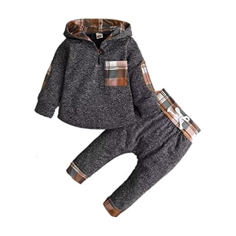 2T Boys Clothes Fall Winter Outfit Long Sleeve Plaid Pocket Hoodie Tops + Pants 2Pcs,Khaki boy outfits 2-3T/110cm Cover
