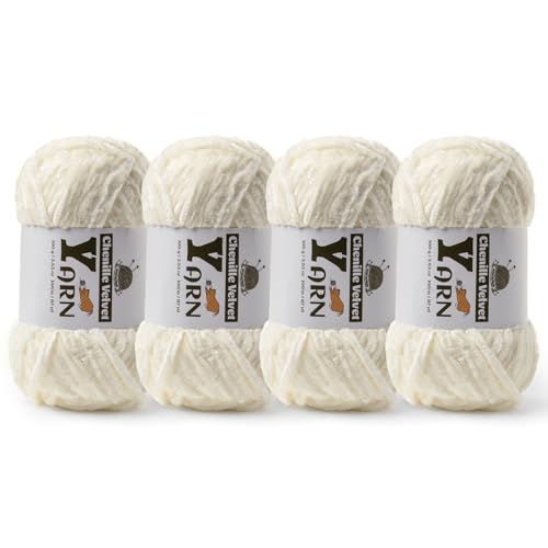 Image of 4 Pack Plush Chenille Chunky Yarn - Fluffy Velvet Yarn Crochet for Blanket Knitting and Crocheting - Soft Baby Yarns for Crocheting - Amigurumi Crochet Yarns 100g (87yds) (4 White)