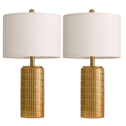 Image of PoKat 23 inch Brass Gold Ceramic Table Lamps for Living Room, Retro Warm Gold Lamps for Night Stands, Vintage Bronze Decorative Lamps for Bedroom, Antique Gold Brown Nightstand Lamps for Home Decor