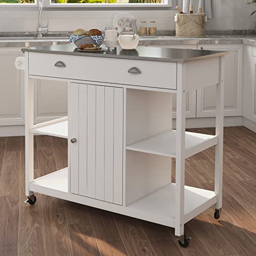 Rasoo Kitchen Island Cart Rolling Trolley Cart White Stainless Steel Top With Open Shelves And Drawers Mobile Kitchen Carts Storage On Wheel #TOP14