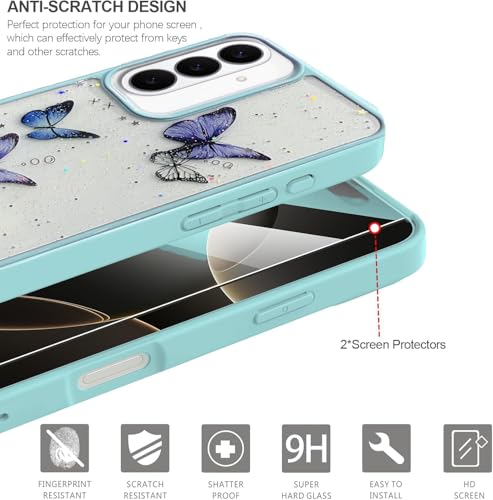 Image of VONZEE for Samsung Galaxy S26 Plus Clear Glitter Butterfly Case, Cute Bling Sparkle Shiny Soft Silicone TPU Bumper Shockproof Women Girls Slim Protective Phone Cover, Mint