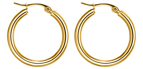 day.berlin Créoles pour dames 25mm de diamètre, plaqué or 18k, boucles d'oreilles simples rondes 2,5cm, acier inox 316L sans nickel et résistant à l'eau