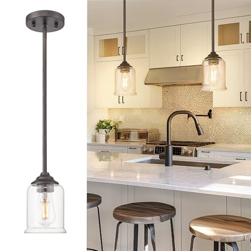 Image of zeyu Farmhouse Pendant Light, 1-Light Pendant Light Fixtures for Kitchen Bedroom, Clear Glass Shade, Oil Rubbed Bronze Finish, ZSL104MIL ORB