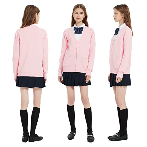 Image of Blostirno Women's Cardigan School Uniform Sweater Cardigans V-Neck Long Sleeve Button Down Knit with Pockets