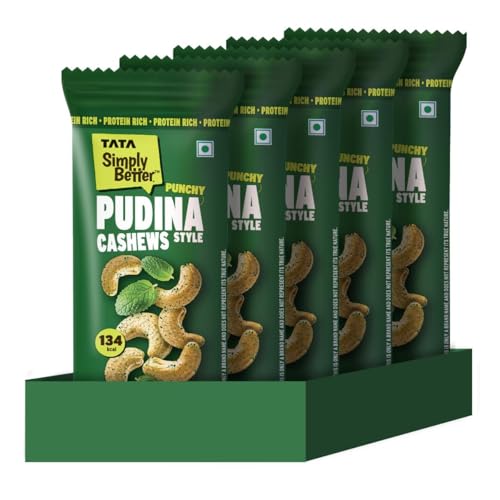 Image of Tata Simply Better Punchy Pudina Style Cashews, 23g (Pack of 5), Rich in Protein, Party Snack, Delicious Kaju Nuts, Ready To Eat Snack, No Palm Oil, No Trans Fat
