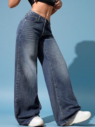 Image of KOTTY Women's Wide Leg Denim Jeans | Relaxed Fit High Rise Fashion Jeans for Casual Wear