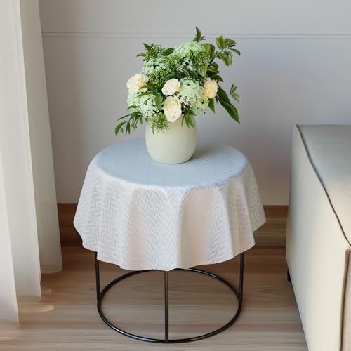 Image of Encasa XO Dining Table Cover Rectangular 85 cm-Round | Waterproof Textured Polyester Dining Table Cloth | Machine Washable Tablecloth | ZZ White