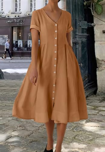 Image of chouyatou Women's Summer Fit and Flare Swing Cotton Dress Casual V-Neck Button Down Beach Midi Dress