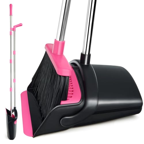 Image of Broom and Dustpan Set, Long Handle Lightweight Dustpans with Broom Combo for Home, Indoor&Outdoor Sweeping for Home Room Kitchen Office Lobby (Black Pink)