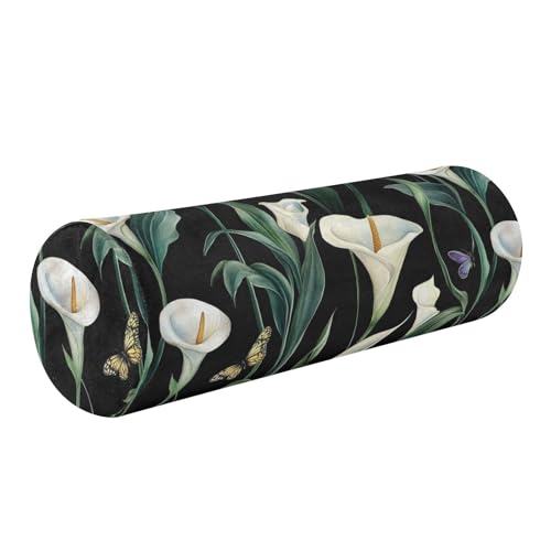 miaozhen Art Calla Lily Flower Green and White Decorative Round Pillow Covers Bolster Pillow for Legs Firm almohada Redonda para el Cuello 5.5''x17''
