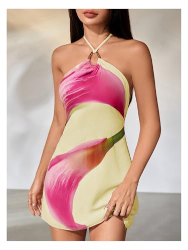 Image of MakeMeChic Women's Floral Halter Backless Cocktail Dress Ring Sleeveless Fall Mini Dresses