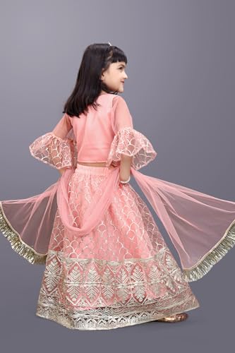 Image of Girl's Princess Lehenga Choli Set - Soft Net, Ribbon Embroidery With Duppata, Readymade