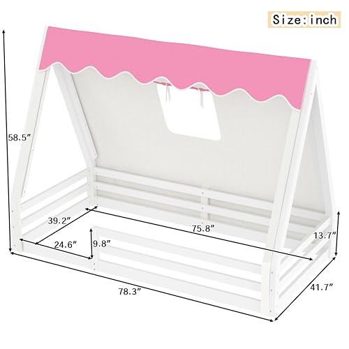 Image of CZBZ Twin Size House Floor Bed with Canopy Tent and LED Lights, Wood Teepee Montessori Floor Beds Frame with Guardrails for Kids, Playhouse Design for Safe Sleep & Imaginative Play
