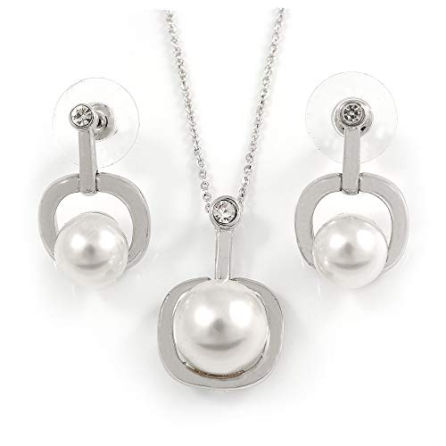 Conjunto de collar de perlas de cristal sintético y pendientes de gota plateados