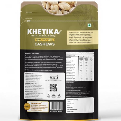 Image of Khetika Premium Whole Cashew 200g | W320 Grade | Dry Fruits, Kaju, Cashews, Healthy Snacks, Crunchy Kaju, Rich in Protein, & Nutritious, Preservative Free, Zero Trans Fat