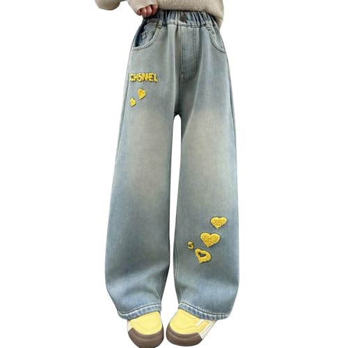Girl's Bow Embroidered Baggy Jeans Elastic Wasit Wide Leg Denim Pant Casual Cute Y2K Streetwear Trouser with Pocket