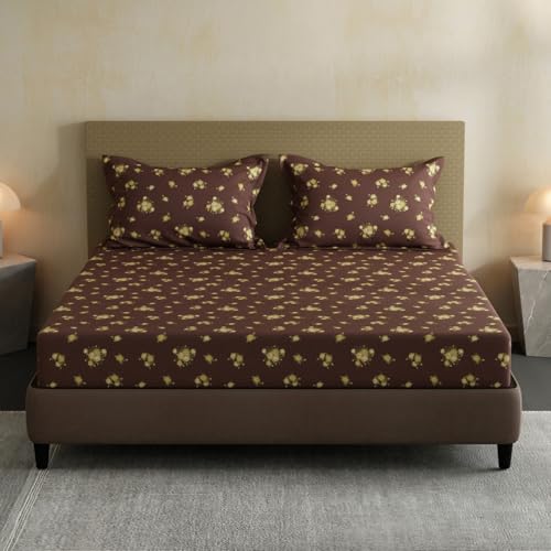 Image of Layers 100% Cotton Bedsheet for Double Size Bed | Lumina Floret Collection | 144 TC Soft & Breathable | Floral Print with 2 Pillow Covers | Wrinkle Free & Colorfast | 3 Piece Bedding Set - Brown