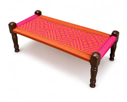 Image of Handwoven Wooden Bench | Traditional Rope Charpai Stool | Solid Wood Frame Seating for Living Room, Balcony & Outdoor | Durable & Stylish Design (Orange & Pick Finish)