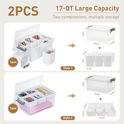 Image of Citylife 17QT 2Packs Clear Craft Organizers and Storage Bins with Lids | Stackable Art Supply Organizer with Tray and 6 Inserts for Markers, Crayons, Pencils, Tools, Playdoh, Coloring Books