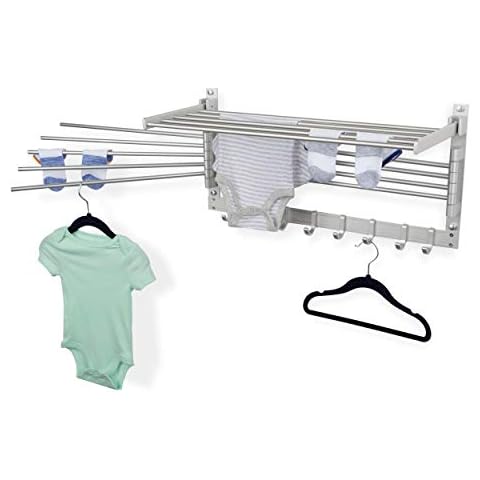 brightmaison BGT Wash Clothes Drying Rack Wall Mount Laundry Room Organizer with Hooks & Swing Arms, 24" Metal Laundry Rack Silver Cover