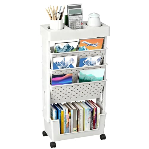 Huucozn Carro de Almacenamiento con Ruedas de 5 Niveles, Carrito Organizador Libros y Libretas, Estanteria Movil con Ruedas, Estanteria Movible para Libros para Salón, Dormitorio y Espacios de Trabajo