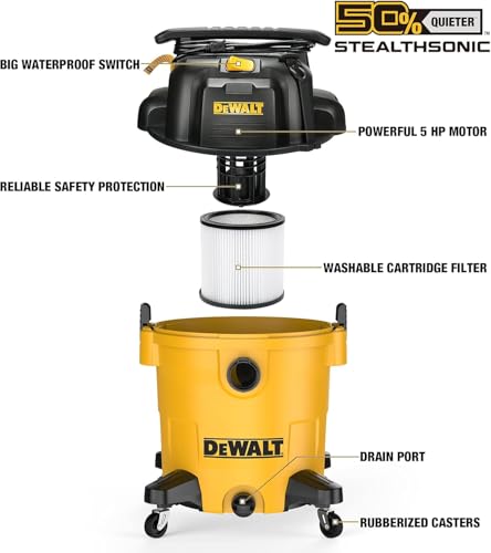 Image of DEWALT 16 Gallon STEALTHSONIC Poly Wet /Dry Vacuum, DXV16P-QTA Noise Reduction Vac, Heavy Duty Shop Vacuum for Jobsite /Workshop, Reduce Motor Noise, Yellow