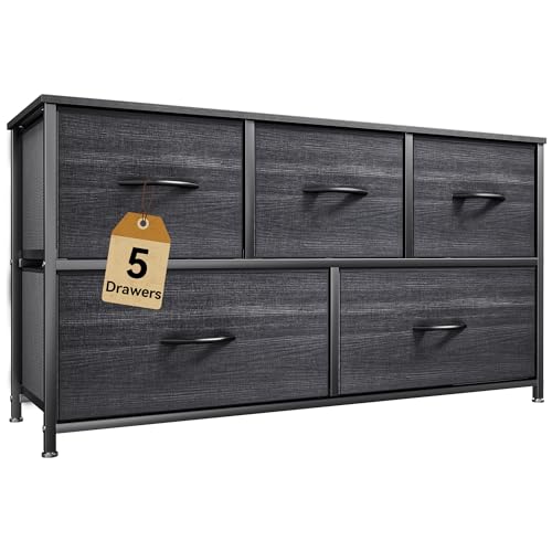 DWVO Dresser with 5 Drawers - Fabric Storage Tower, Organizer Unit for Bedroom, Living Room, Closets - Sturdy Steel Frame, Wooden Top (Black Wood Grain)