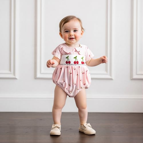 Emmababy Cherry Outfit Baby Girl Smocked Bubble Romper Cherry Ruffle Bodysuit Infant Fruit Outfit Newborn Summer Jumpsuit3