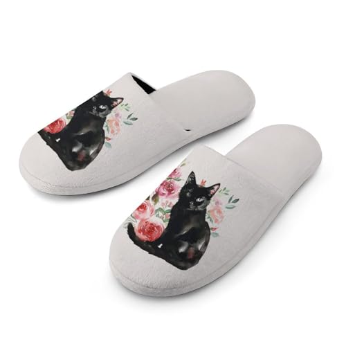Black Cat And Flowers Men's Slipper Non Slip Comfortable Winter Warm Home House Shoes Indoor Slippers