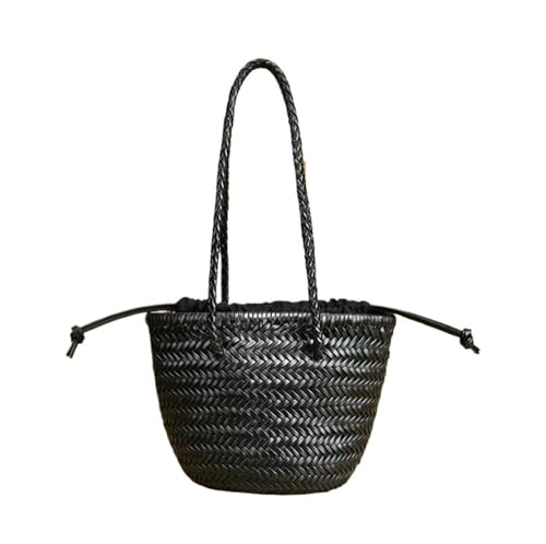 Top Layer Cowhide Hand Knitting Woven Shoulder Bag Vintage Leather Vegetable Basket Travel Beach Tote Bag(A3)