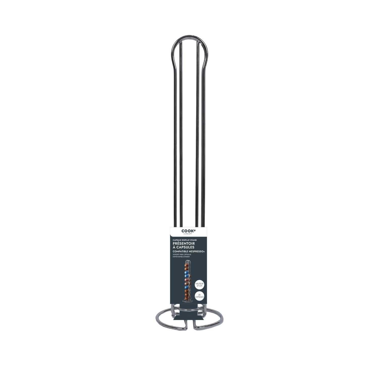 COOK CONCEPT, KA6299, uchwyt na kapsułki kompatybilny z Nespresso, elegancki i praktyczny schowek na kapsułki, ergonomiczny kształt, nowoczesne metalowe wykończenie, 375 x 10 x 9 cm, srebrny