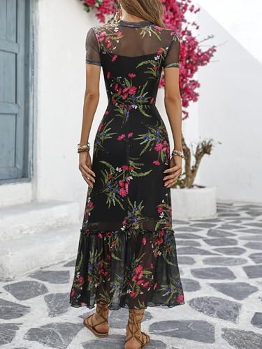 Image of GothDark Women's Summer Floral Mesh Ruffle Dress Short Sleeve Round Neck Waist Cinched Casual Maxi Wedding Guest Dresses