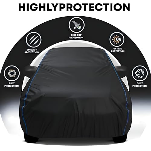 FAVY All Weather Resistant Car Body Cover Compatible with Volkswagen Touareg Scratch Proof, Anti-Dust, UV Protection with Windproof Buckle Strap and Mirror Pockets, Bottom Elastic Fitted-Black