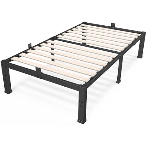 ROIL 14 inch Twin Size Bed Frames with Wide Wood Slats - 3500lbs Heavy Duty No Box Spring Needed Platform, Mattress Stoppers Single Metal Noise Free, Headboard Hole Underneath Storage Cover