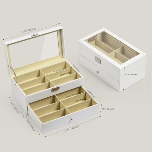 Image of AUTOARK Leather 12 Piece Eyeglasses Storage Display Case,White,AW-053 | Sunglass Organizer,Drawer Lockable,Display Drawer
