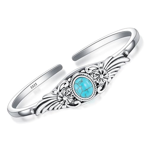 Genuine Turquoise Flower Vintage Bracelet, Sterling Silver Boho Adjustable Cuff Bangle Native American Western Jewelry for Women, Fit for 6.5 7 7.5 Inches