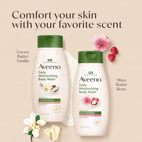 Image of Aveeno Daily Moisturizing Body Wash with A Shea Butter Berry Scent & Soothing Prebiotic Oat, Provides Long-Lasting Hydration for Sensitive Skin, Hypoallergenic, Paraben-Free, 18 fl. oz