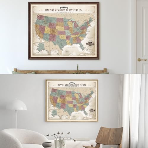 Image of DECORARTS - Large Personalized Push Pin Travel Map USA, Custom Name, Pin Board Canvas Wall Art, Vintage Pastel United States Decor, Optional Wood Frame, Giclee Print, Handcrafted in USA, 35x28''