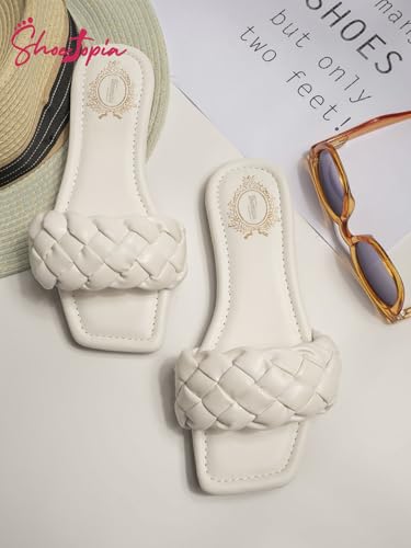 Image of Shoetopia Women's Braided Flat Slip-On Sandals Comfortable || Open-Toe Casual Slides for Summer, Beach