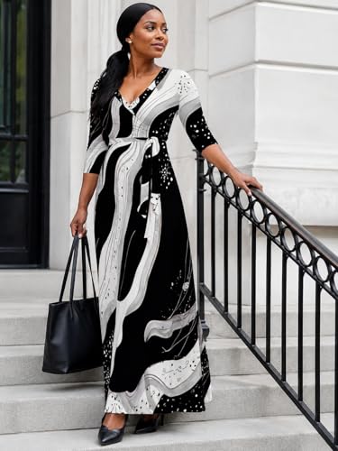 Image of PinkPatty Plus Size Maxi Dress for Women Casual V Neck 3 /4 Sleeve Boho Printed Long Dress with Pockets