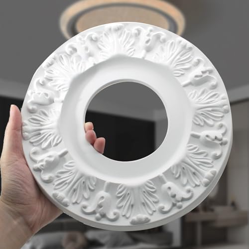 Image of Uenhoy 2 Pcs Lighting Ceiling Medallions for Light Fixtures and Ceiling Fans, 10 inch OD White Carved Flower Ceiling Cover Plate, PU Ceiling Fan Medallion 10 inch OD x 4 inch ID