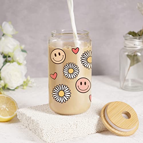 Coolife Smiley Face Cute Cup - 16 Oz Iced Coffee Cup, Can Shaped Drinking Glass W/Bamboo Lid And Straw, Aesthetic Glass Can Tumbler Cup For Coffee, Smoothie, Beer - Birthday Unique Gifts For Women #TOP1