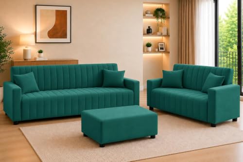 Image of Rosebell 3+2 Velet Fabric Sofa Set with Ottoman | 5-Seater Sofa | Living Room Furniture, Apartment & Office |Green-Color