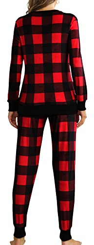 Smile Fish Womens Buffalo Plaid Christmas Pajama Set Outfits Fleece Velour Pjs Jammies Shirts Joggers Pants Checkered Lounge Sleepwear Black Red S #TOP1