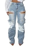 Vakkest Women's Rhinestone Cargo Jeans High Waisted Ripped Distressed Wide Leg Stretchy Denim Pants with Flap Pockets Blue