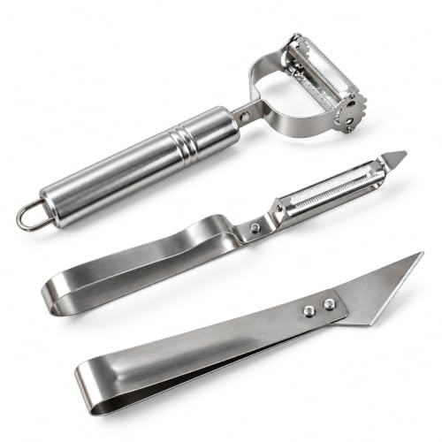 Homedy 3 in 1 Stainless Steel Julienne Vegetable Peeler Multi-Functional Fruit & Veggie Shredder Slicer and Grater for Potatoes, Carrots, Cucumbers 3 Pcs (Silver, 18 x 8.2 x 2.3 cm)