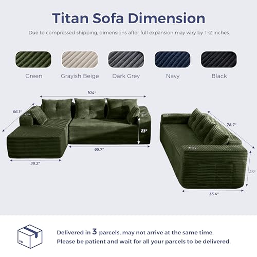 Image of MAXYOYO Modular Sectional Couch with L-Shape Chaise and Loveseat, Modern Boneless Couch for Living Room, Oversized Sofa with Deep Seat, No Assembly Required, Green